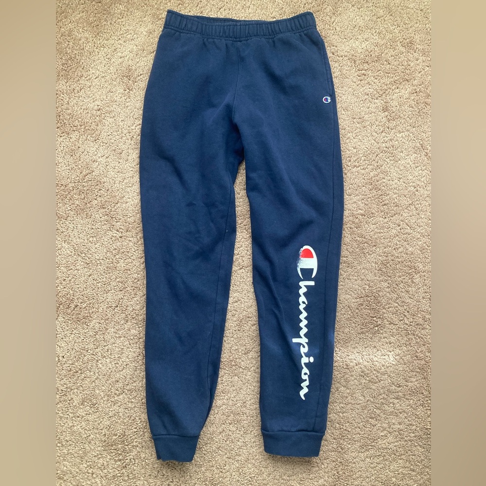 Navy blue Champion sweatpants with white logo, boys size large, 14-16